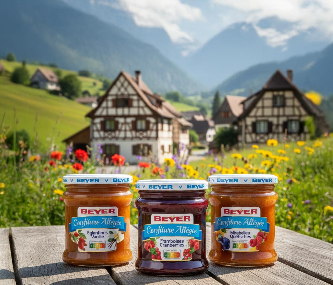 Trois pots de confitures allégées, posés dans la neige devant un sapin de Noël qui brille.